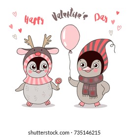 Two cute penguins fallen in love. Funny birds got dressed in warm clothes, have a balloon on white background. Lovely crafted design for Valentine's Day, wedding, postcards and prints.