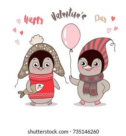 Two cute penguins fallen in love. Funny birds got dressed in warm clothes with fish and balloon on white background. Lovely crafted design for Valentine's Day, wedding, postcards and prints.