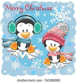 Two Cute Penguins are flying on the snowflakes