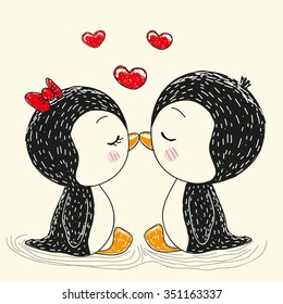 Two cute penguins and hearts isolated on a white background