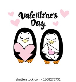 Two cute penguins hold a heart and a romantic letter and the inscription Valentine's Day on a white background. Love concept