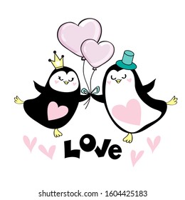 Two cute penguins are holding balloons in the shape of a heart and the inscription love on a white background. Love concept. Valentines Day card. Vector illustration with romantic animals isolated