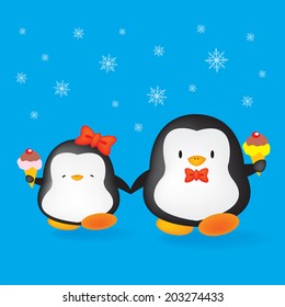 Two Cute Penguins Holding Hands/ice Cream Time