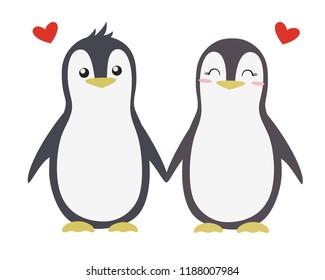 Two cute penguins in love. Bird couple and heart. Vector illustration in flat style.