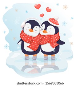 Two cute penguins in love on ice. Christmas characters. penguins in scarves on ice.