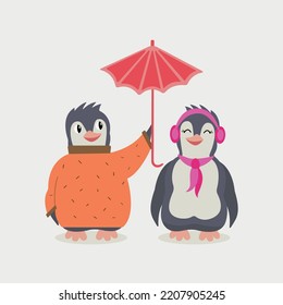 Two cute penguins in love. One penguin in a sweater holds an umbrella over another penguin. Bird couple and an umbrella. Romantic vector illustration for Valentine's day