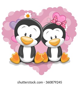 Two Cute Penguins on a background of heart
