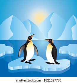 Two cute penguins on ice floe. Vector illustration.