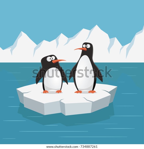 2羽の可愛いペンギンが氷の上にいます ベクターイラスト のベクター画像素材 ロイヤリティフリー 734887261
