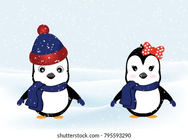 two Cute penguins on winter background.vector illustration