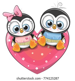 Two cute Penguins is sitting on a heart