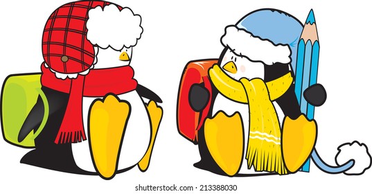 two cute penguins sitting and waiting for school bus/cute school penguins illustration