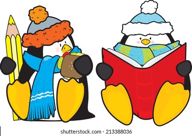 two cute penguins sitting and waiting for school bus/cute school penguins illustration