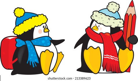 two cute penguins sitting and waiting for school bus/cute school penguins illustration