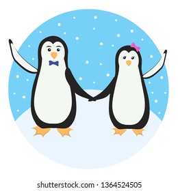 Two cute penguins together on a blue background. Vector illustration.