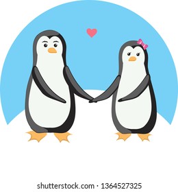 Two cute penguins together on a blue background. Vector illustration. 