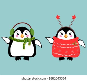 Two cute penguins. Vector illustration for card, poster and textile print.