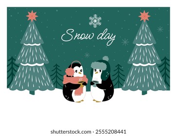 Two cute penguins wearing winter accessories and drinking warm drinks in a snowy setting between trees