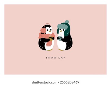 Two cute penguins wearing winter accessories and drinking warm drinks