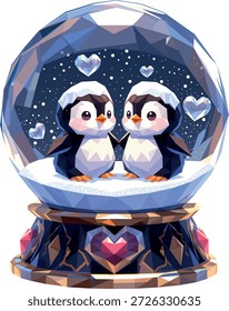 Dos lindos pingüinos con bufandas de invierno dentro de un globo de nieve de cristal. Adorable Vector de animales para niños tarjetas de vacaciones de invierno y temas de Navidades.
