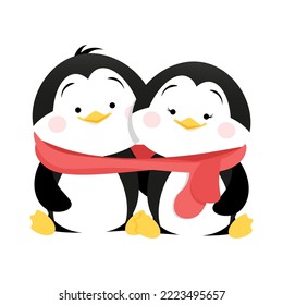 Two cute penguins wrapped in one scarf