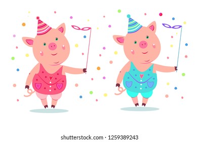 Two cute pig with carnival masks,Flat hand drawn vector character.Christmas pigs.