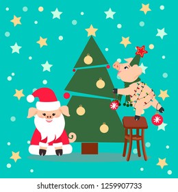 Two cute Pig near Christmas tree. New Year illustration, postcard can use  for decoration, invitations.