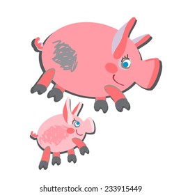 Two cute piglets. Funny joyful pigs family. Farm animals vector illustration. Eps 10. On white background. As label, design element.