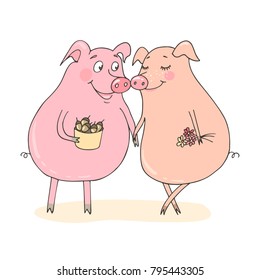 Two cute pigs fallen in love. Funny vector illustration for Valentine's Day, wedding design, scrapbook, gift wrapping paper, textiles. Cartoon style.
