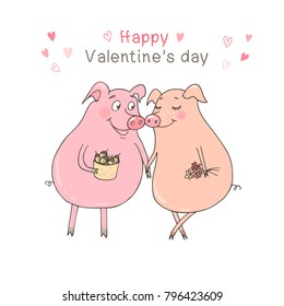 Two cute pigs fallen in love. Funny vector illustration for Valentine's Day, wedding design, scrapbook, gift wrapping paper, textiles. Cartoon style.
