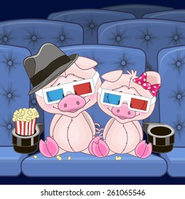 Two Cute Pigs is sitting at the Cinema 