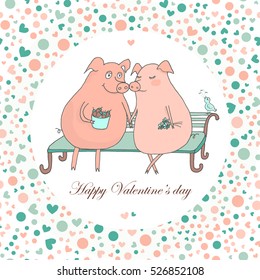 Two cute pigs sitting on a bench. Vector funny illustration for Valentine's Day, wedding design, scrapbook, gift wrapping paper, textiles. Cartoon style. Romantic pattern with Hearts and peas.
