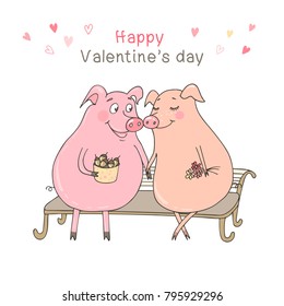 Two cute pigs sitting on a bench. Funny vector illustration for Valentine's Day, wedding design, scrapbook, gift wrapping paper, textiles. Cartoon style.