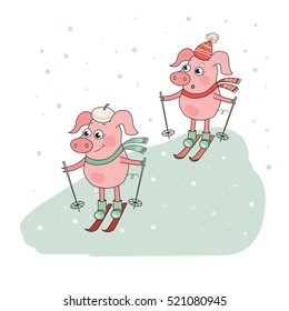 Two Cute Pigs Skier. Lovely cartoon Character on white background. Vector illustration of winter sport activities, outdoor playing