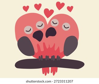 Two cute pink birds sitting on a branch together forming a heart shape symbol of love
