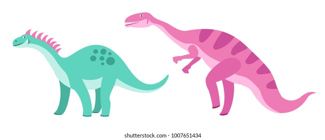 Two cute pink and green cartoon dinosaurs isolated on white background. Vector illustration