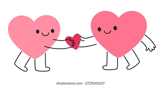 Dos personajes lindos del corazón rosado que sostienen un Pequeño corazón rojo juntos, romántico Día de San Valentín de la amistad y el amor aislado Ilustración vectorial