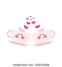 Two cute pink mugs with face, valentines day. Vector illustration in flat cartoon style.