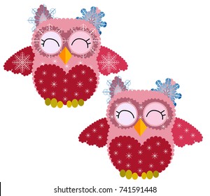 Two Cute pink owl in snowflakes, in a crown of snowflakes and with snowflakes on wings