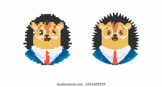 Two cute pixel art hedgehogs wear blue suits, red ties, and glasses, creating a fun and quirky look.