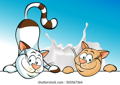 two cute playful cat peeking out on milk splash background - vector illustration