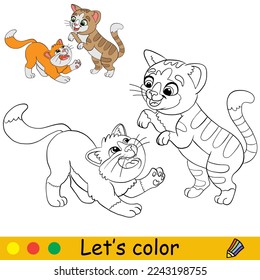 Two cute playful cats. Coloring book page with color template for children. Vector cartoon illustration isolated on white background. For coloring book, education, print, game.