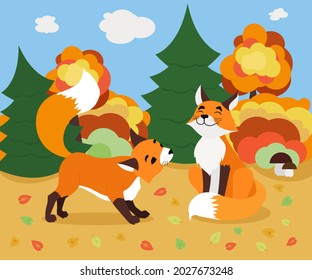 Two cute playing foxes in autumn forest. Vector illustration drawn in cartoon style.