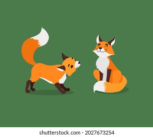 Dos zorros adorables con estilo de dibujos animados. Ilustración vectorial sobre fondo verde.