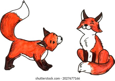 Two cute playing foxes in cartoon style. Vector illustration, trace of marker sketch.