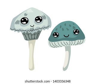 Two cute poisoned mushroom toadstools in cartoon style