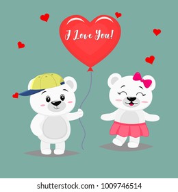 Two cute polar bear stand, the boy is holding a red ball, girl panda in a pink skirt and with a bow, in cartoon style. Valentine's Day. Vector, a flat design.