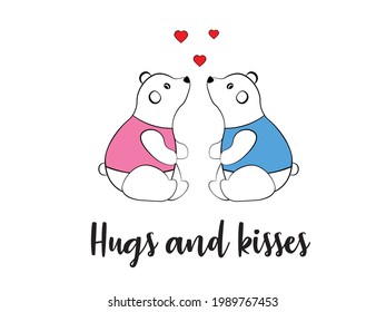 Two cute polar bears in love. Romantic illustration for a card, poster, invitation design, banner. Vector concept for Valentine's Day, Kisses and Hugs Day.