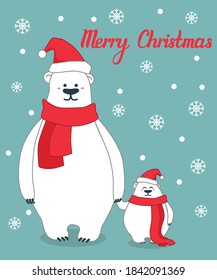 Two cute polar bears with a scarf. Merry Christmas greetings card