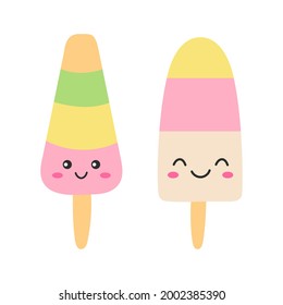 Two cute popsicle on white background. Funny ice cream with smile faces. Kawaii cartoon style. Flat vector illustration.